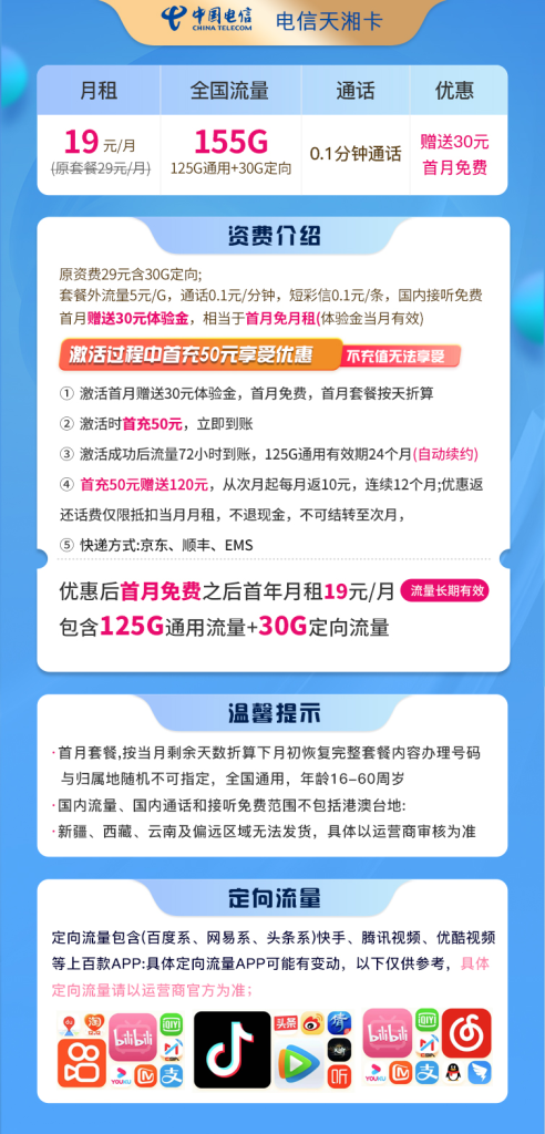 电信天湘卡 19元155G全国流量卡【长期流量】