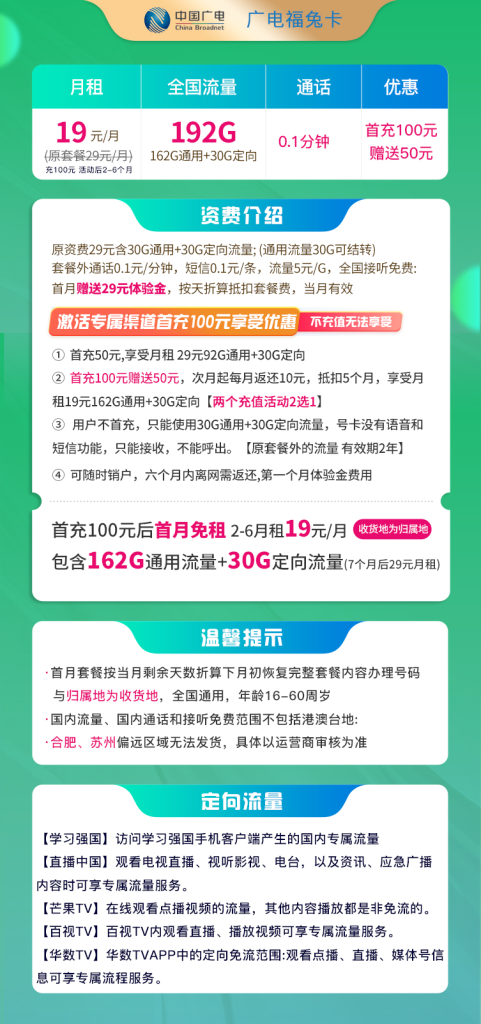广电福兔卡 19元192G全国流量卡【归属地为收货地】