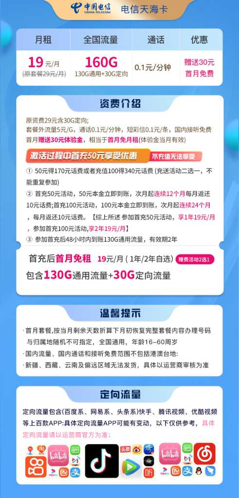 电信 天海卡 19元160G全国流量卡