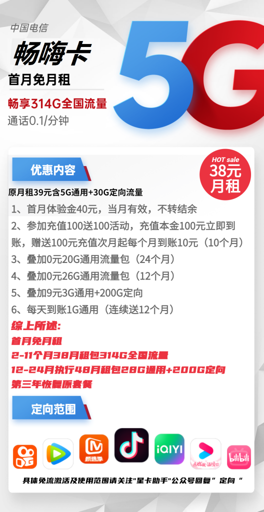 电信畅嗨卡 38元包84G通用+230G定向+通话0.1元/分钟