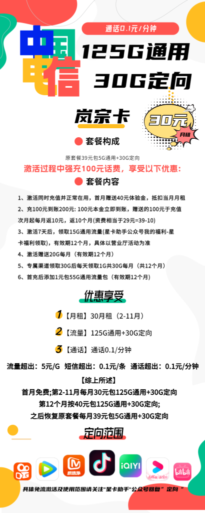 电信岚宗卡 30元包125G通用+30G定向+通话0.1元/分钟