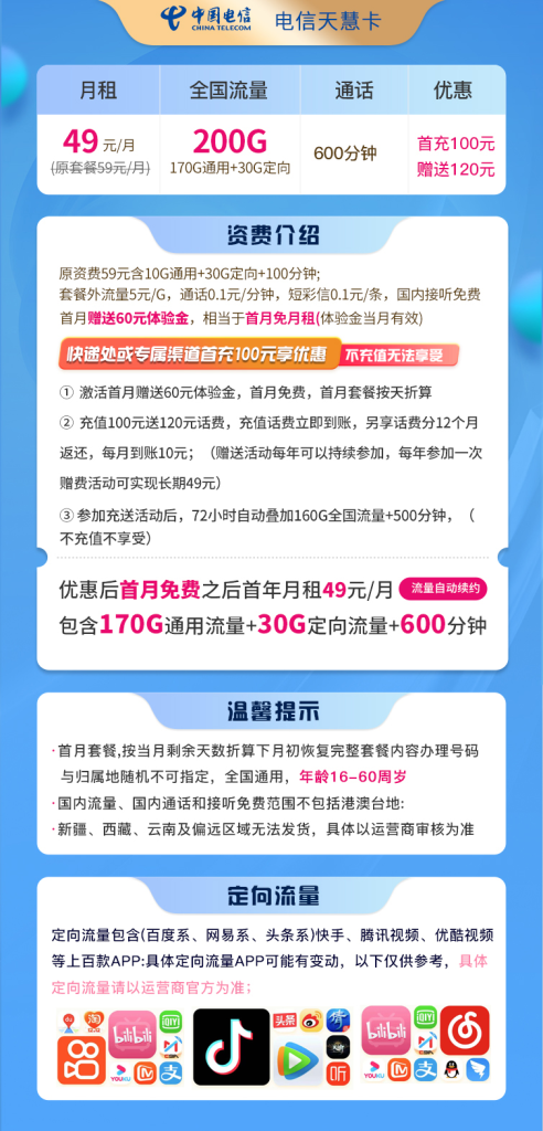 电信天惠卡 49元200G通用+600分钟通话【长期套餐】