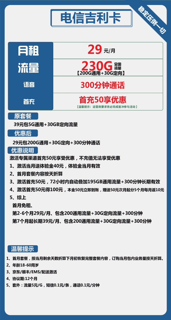 电信吉利卡 29元包200G通用+30G定向+300分钟通话【长期套餐】