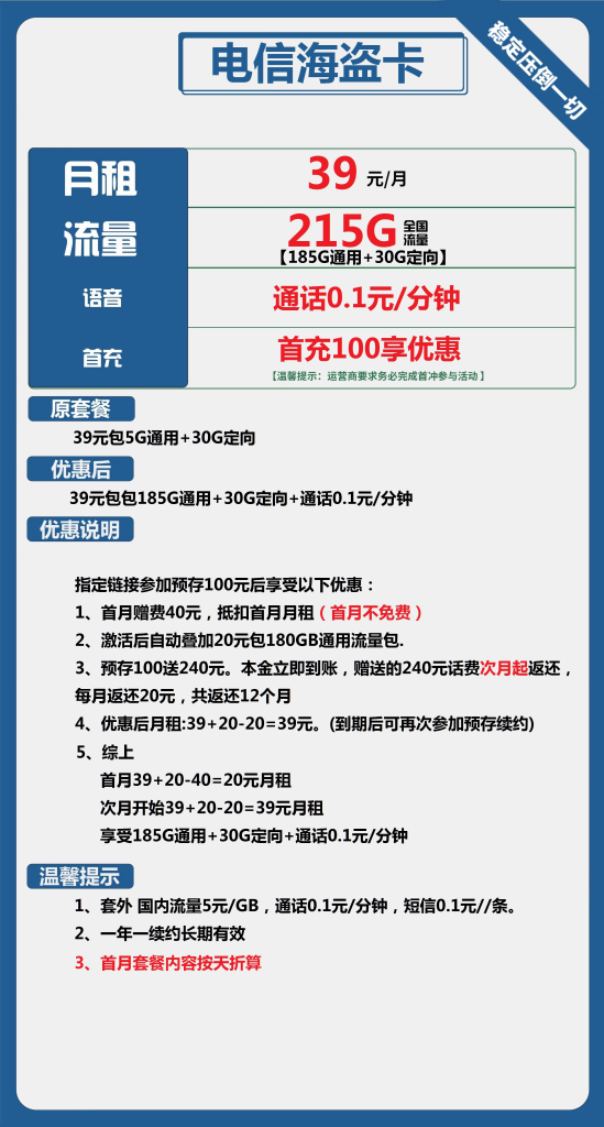 电信海盗卡 39元包185G通用+30G定向+通话0.1元/分钟【长期套餐】