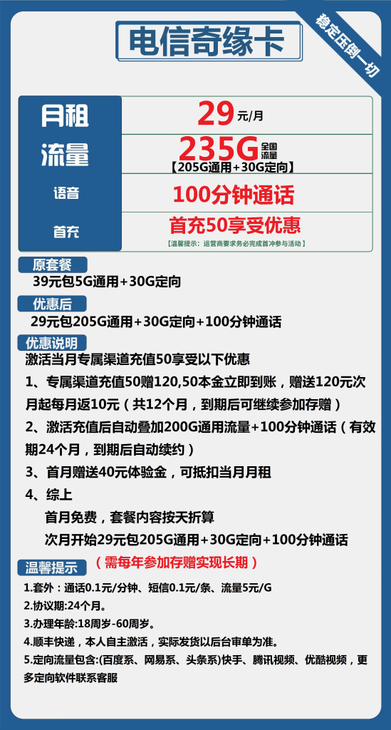 电信奇缘卡 29元包205G通用+30G定向+100分钟通话【长期套餐】