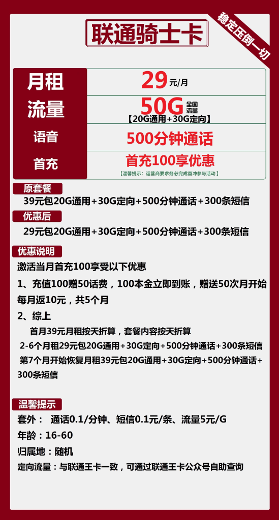 联通骑士卡 29元包20G通用+30G定向+500分钟通话【长期套餐】