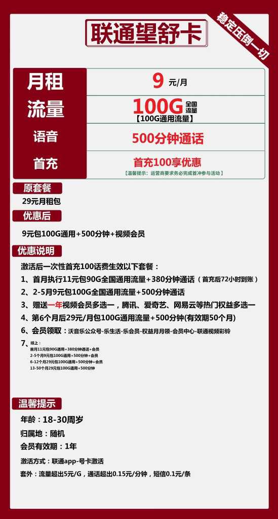 联通望舒卡 9元包100G通用+500分钟通话+视频会员【50个月】