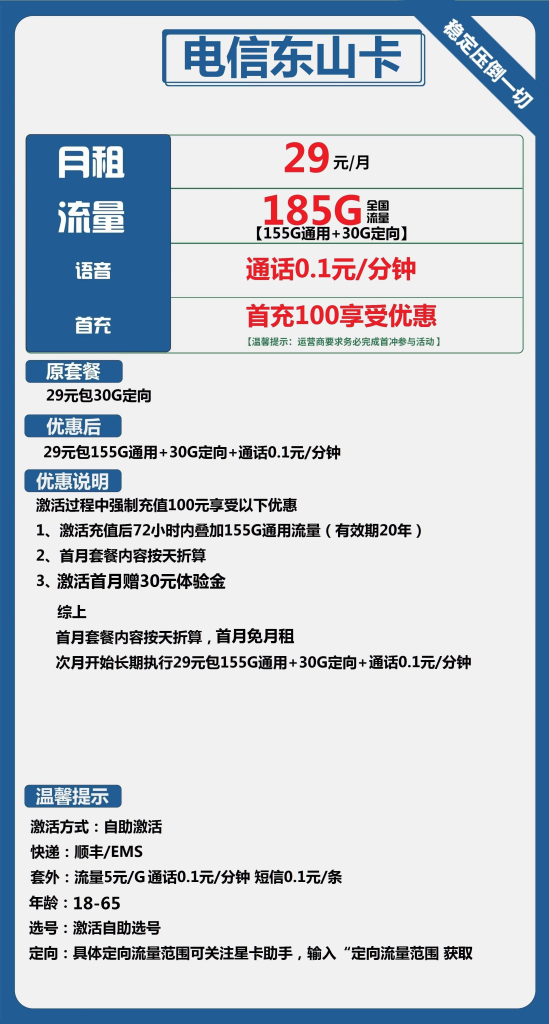 电信东山卡 29元包155G通用+30G定向+通话0.1元/分钟【长期套餐】