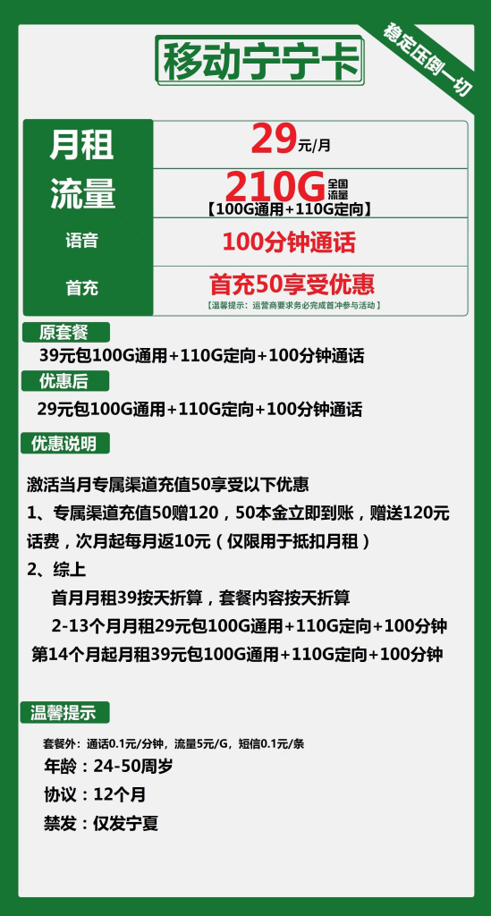 移动宁宁卡 29元包100G通用+110G定向+100分钟【只发宁夏省内】【长期套餐】