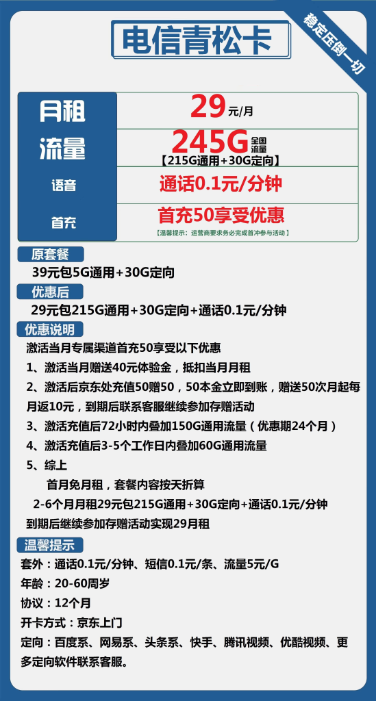 电信青松卡 29元包215G通用+30G定向+通话0.1元/每分钟【长期套餐】