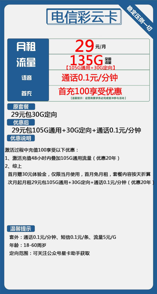 电信彩云卡 29元包105G通用+30G定向+通话0.1元/分钟【长期套餐】