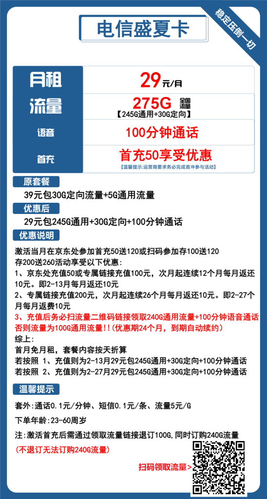 电信盛夏卡 29元包245G通用+30G定向+100分钟通话【长期套餐】